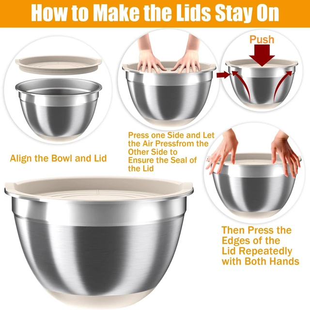 Alt view image 6 of 7 - Mixing Bowls with Airtight Lids Set, 4 Stainless Steel Bowls Nesting Bowls & Colander, Kitchen Organizers and Storage Non-Slip Bottom, Size 1.5/2.0/2.5/4.5QT, Great for Mixing & Serving, Khaki