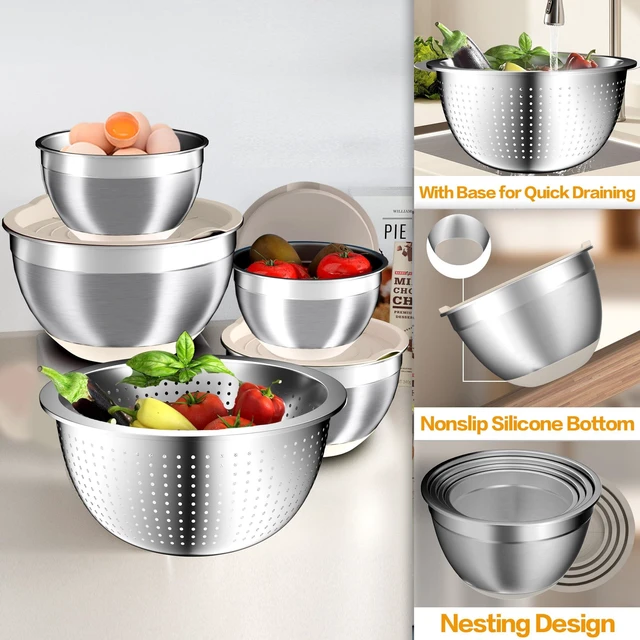 Alt view image 7 of 7 - Mixing Bowls with Airtight Lids Set, 4 Stainless Steel Bowls Nesting Bowls & Colander, Kitchen Organizers and Storage Non-Slip Bottom, Size 1.5/2.0/2.5/4.5QT, Great for Mixing & Serving, Khaki