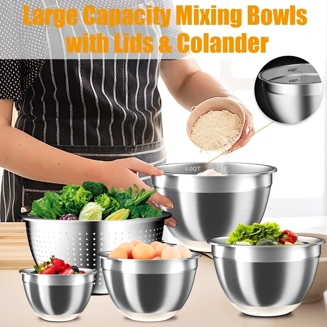 Alt view image 4 of 7 - Mixing Bowls with Airtight Lids Set, 4 Stainless Steel Bowls Nesting Bowls & Colander, Kitchen Organizers and Storage Non-Slip Bottom, Size 1.5/2.0/2.5/4.5QT, Great for Mixing & Serving, Khaki