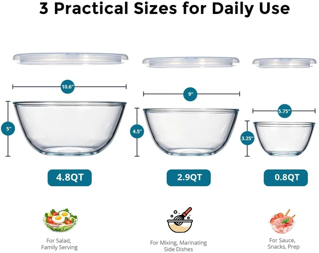 Alt view image 2 of 7 - Glass Mixing Bowls with Airtight Lids Set for Prep Salad Serving | 4.8,2.9,0.8 Qt Thick Clear Glass Bowls, Large Nesting Cooking Bowls for Storage Sourdough Proofing, Dishwasher Safe, 3 Pack