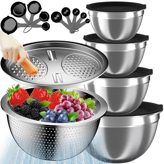 Main image of Mixing Bowls with Lids Set, 16PCS Stainless Steel Mixing Bowls,Nesting Storage Bowls for Kitchen with Mixing Bowl, Colander, Strainer & Grater, Metal Salad Bowl for Kitchen Gadgets, Black