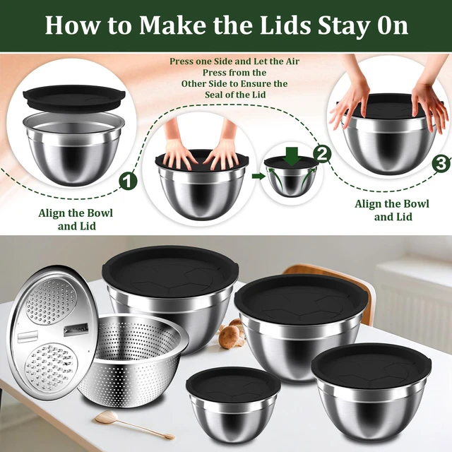 Alt view image 2 of 7 - Mixing Bowls with Lids Set, 16PCS Stainless Steel Mixing Bowls,Nesting Storage Bowls for Kitchen with Mixing Bowl, Colander, Strainer & Grater, Metal Salad Bowl for Kitchen Gadgets, Black