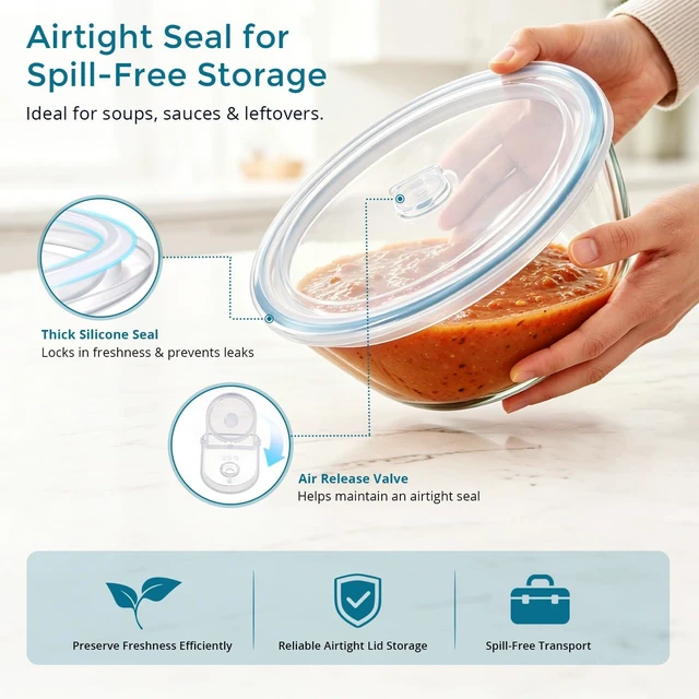Alt view image 4 of 7 - Glass Mixing Bowls with Airtight Lids Set for Prep Salad Serving | 4.8,2.9,0.8 Qt Thick Clear Glass Bowls, Large Nesting Cooking Bowls for Storage Sourdough Proofing, Dishwasher Safe, 3 Pack