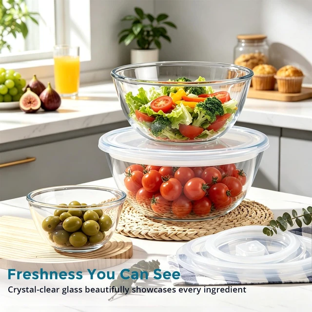 Alt view image 5 of 7 - Glass Mixing Bowls with Airtight Lids Set for Prep Salad Serving | 4.8,2.9,0.8 Qt Thick Clear Glass Bowls, Large Nesting Cooking Bowls for Storage Sourdough Proofing, Dishwasher Safe, 3 Pack
