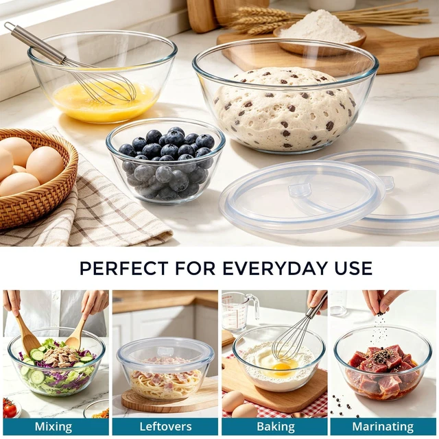 Alt view image 6 of 7 - Glass Mixing Bowls with Airtight Lids Set for Prep Salad Serving | 4.8,2.9,0.8 Qt Thick Clear Glass Bowls, Large Nesting Cooking Bowls for Storage Sourdough Proofing, Dishwasher Safe, 3 Pack