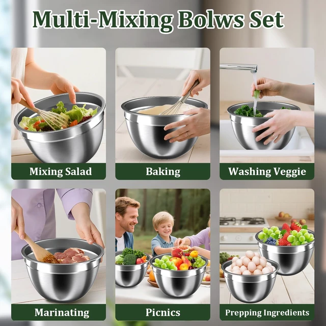 Alt view image 6 of 7 - Mixing Bowls with Lids Set, 16PCS Stainless Steel Mixing Bowls,Nesting Storage Bowls for Kitchen with Mixing Bowl, Colander, Strainer & Grater, Metal Salad Bowl for Kitchen Gadgets, Black