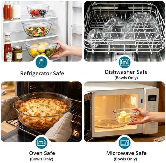 Alt view image 7 of 7 - Glass Mixing Bowls with Airtight Lids Set for Prep Salad Serving | 4.8,2.9,0.8 Qt Thick Clear Glass Bowls, Large Nesting Cooking Bowls for Storage Sourdough Proofing, Dishwasher Safe, 3 Pack