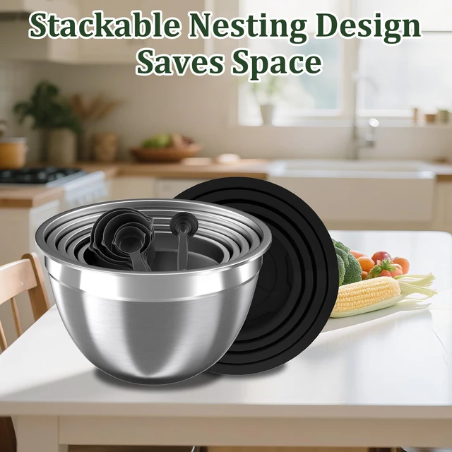 Alt view image 7 of 7 - Mixing Bowls with Lids Set, 16PCS Stainless Steel Mixing Bowls,Nesting Storage Bowls for Kitchen with Mixing Bowl, Colander, Strainer & Grater, Metal Salad Bowl for Kitchen Gadgets, Black