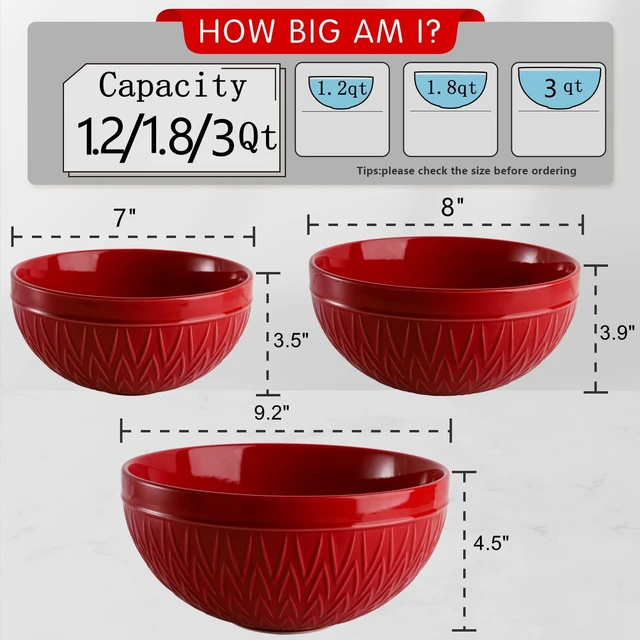Alt view image 2 of 7 - Porcelain Mixing Bowls for Kitchen, 3/1.8/1.2 Qt Ceramic Large Serving Salad Soup Bowl Set, Deep Nesting Bowl for Space Saving, 3-Piece Set, Microwave and Dishwasher Safe, Red