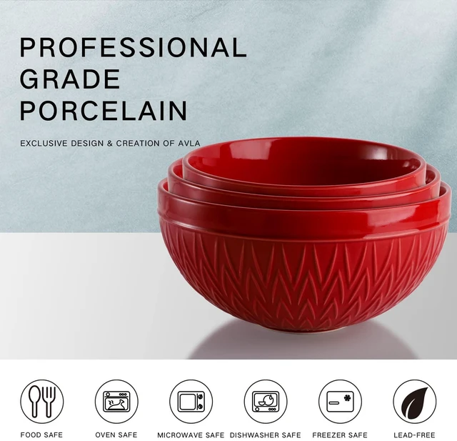 Alt view image 3 of 7 - Porcelain Mixing Bowls for Kitchen, 3/1.8/1.2 Qt Ceramic Large Serving Salad Soup Bowl Set, Deep Nesting Bowl for Space Saving, 3-Piece Set, Microwave and Dishwasher Safe, Red