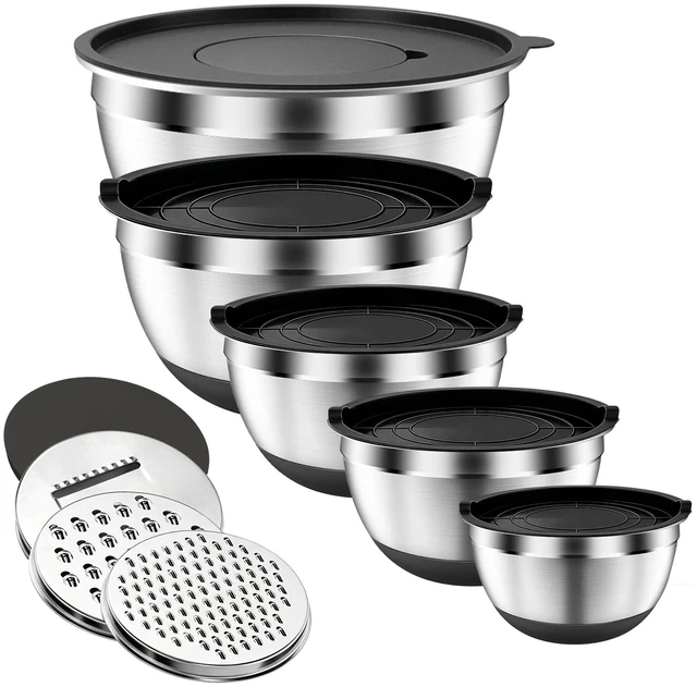 Main image of Stainless Steel Mixing Bowls with Lids & 3 Grater Attachments,Black | 5Pcs Metal Airtight Bowls with Non-Slip Bottoms, Kitchen Nesting Storage Bowls, Size 4.5/3.5/2.5/2/1.1QT for Baking,Cooking
