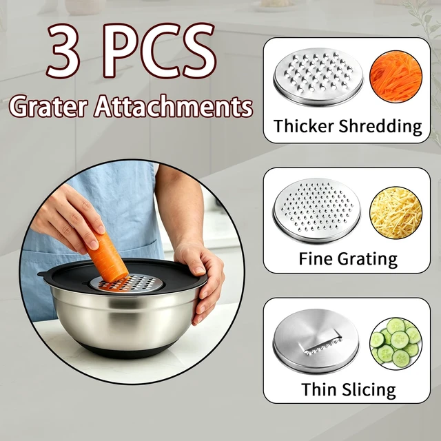 Alt view image 2 of 6 - Stainless Steel Mixing Bowls with Lids & 3 Grater Attachments,Black | 5Pcs Metal Airtight Bowls with Non-Slip Bottoms, Kitchen Nesting Storage Bowls, Size 4.5/3.5/2.5/2/1.1QT for Baking,Cooking