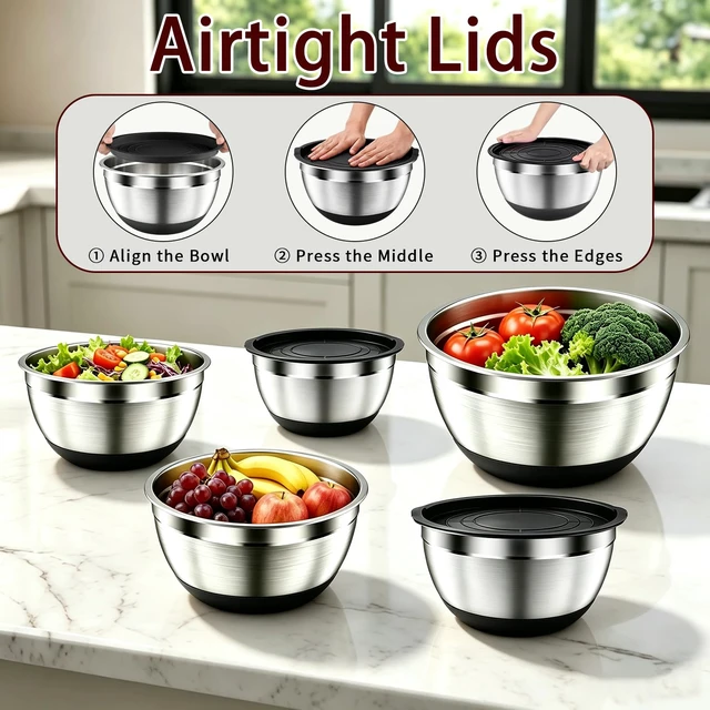 Alt view image 3 of 6 - Stainless Steel Mixing Bowls with Lids & 3 Grater Attachments,Black | 5Pcs Metal Airtight Bowls with Non-Slip Bottoms, Kitchen Nesting Storage Bowls, Size 4.5/3.5/2.5/2/1.1QT for Baking,Cooking