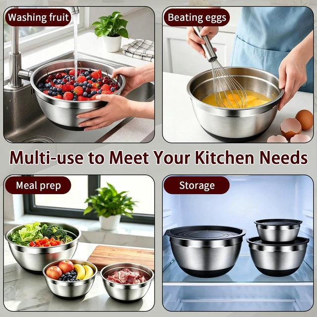 Alt view image 4 of 6 - Stainless Steel Mixing Bowls with Lids & 3 Grater Attachments,Black | 5Pcs Metal Airtight Bowls with Non-Slip Bottoms, Kitchen Nesting Storage Bowls, Size 4.5/3.5/2.5/2/1.1QT for Baking,Cooking