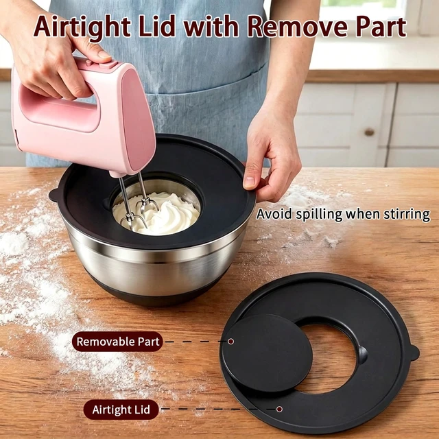 Alt view image 6 of 6 - Stainless Steel Mixing Bowls with Lids & 3 Grater Attachments,Black | 5Pcs Metal Airtight Bowls with Non-Slip Bottoms, Kitchen Nesting Storage Bowls, Size 4.5/3.5/2.5/2/1.1QT for Baking,Cooking