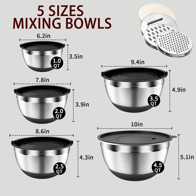 Alt view image 5 of 6 - Stainless Steel Mixing Bowls with Lids & 3 Grater Attachments,Black | 5Pcs Metal Airtight Bowls with Non-Slip Bottoms, Kitchen Nesting Storage Bowls, Size 4.5/3.5/2.5/2/1.1QT for Baking,Cooking