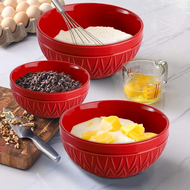 Alt view image 4 of 7 - Porcelain Mixing Bowls for Kitchen, 3/1.8/1.2 Qt Ceramic Large Serving Salad Soup Bowl Set, Deep Nesting Bowl for Space Saving, 3-Piece Set, Microwave and Dishwasher Safe, Red