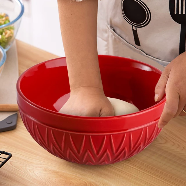 Alt view image 7 of 7 - Porcelain Mixing Bowls for Kitchen, 3/1.8/1.2 Qt Ceramic Large Serving Salad Soup Bowl Set, Deep Nesting Bowl for Space Saving, 3-Piece Set, Microwave and Dishwasher Safe, Red