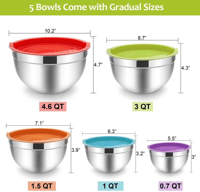 Alt view image 3 of 7 - Mixing Bowls with Lids Set of 5, Stainless Steel Mixing Bowls Metal Nesting Bowls with Airtight Lids, Non-toxic & Dishwasher Safe, Great for Cooking, Baking, Serving - Size 0.7/1/1.5/3/4.6QT