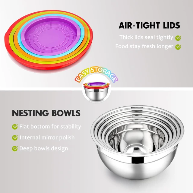 Alt view image 4 of 7 - Mixing Bowls with Lids Set of 5, Stainless Steel Mixing Bowls Metal Nesting Bowls with Airtight Lids, Non-toxic & Dishwasher Safe, Great for Cooking, Baking, Serving - Size 0.7/1/1.5/3/4.6QT