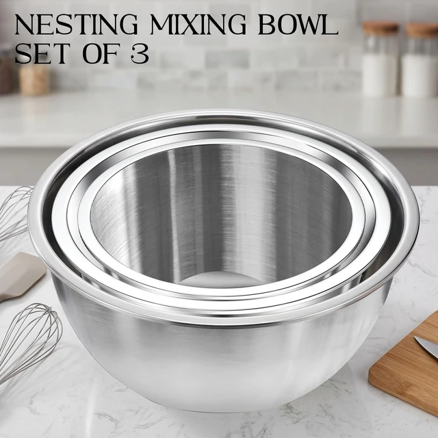 Alt view image 5 of 6 - Stainless Steel Bowls, Metal Mixing Bowl Set of 3 | Stainless Steel Bowls Set for Kitchen, Salad, Prep, Serving, Food Storage & Cooking