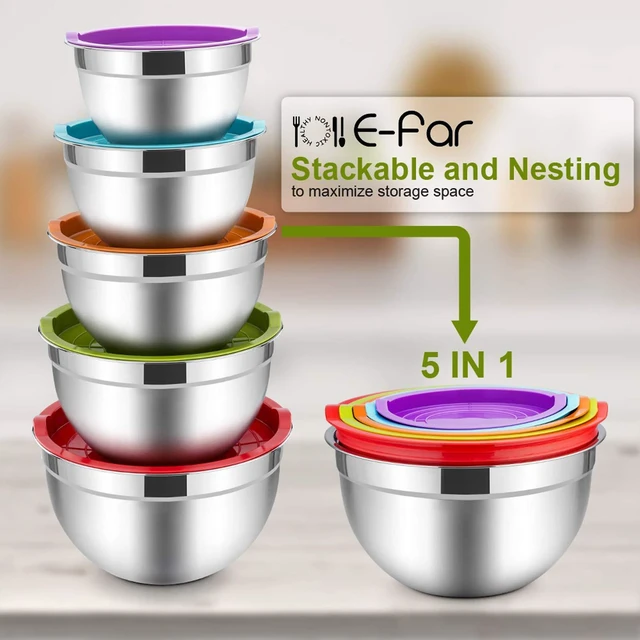 Alt view image 7 of 7 - Mixing Bowls with Lids Set of 5, Stainless Steel Mixing Bowls Metal Nesting Bowls with Airtight Lids, Non-toxic & Dishwasher Safe, Great for Cooking, Baking, Serving - Size 0.7/1/1.5/3/4.6QT