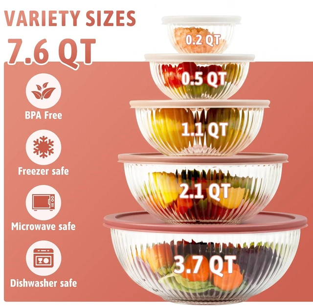 Alt view image 2 of 7 - Glass Mixing Bowls with Lids Sets, 5 PCS Serving Bowls for Party or Kitchen | For Baking, Meal Prepping and Salad, Bpa Free and Dishwasher and microwave Safe Serving Bowls, 0.2/0.5/1.1/2.1/3.7Qt
