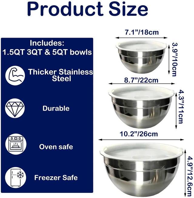 Alt view image 2 of 7 - Stainless Steel Mixing Bowls With Lid, Metal Nesting Mixing Bowl Set Of 3 | Prep Bowls For Food Prep, Cooking, Baking, Serving, Storage, Dishwasher Safe, Metal Bowls with Lids for 1.5/3/5 Qt, Silver
