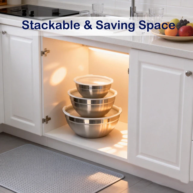 Alt view image 3 of 7 - Stainless Steel Mixing Bowls With Lid, Metal Nesting Mixing Bowl Set Of 3 | Prep Bowls For Food Prep, Cooking, Baking, Serving, Storage, Dishwasher Safe, Metal Bowls with Lids for 1.5/3/5 Qt, Silver