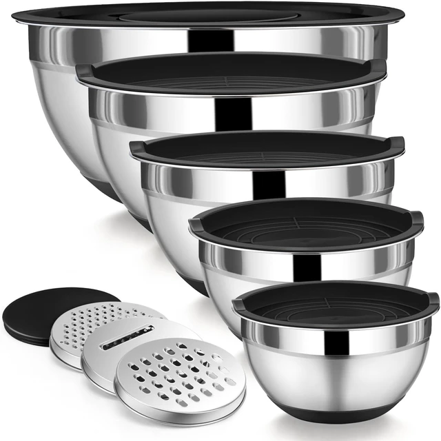 Main image of Mixing Bowls with Lid Set, Nesting Bowl for Storing, Black | 5 Piece Stainless Steel Salad Mixing Bowls for Prepping, 3 Grater Attachments & Non-Slip Bottoms, Size 1/1.5/2 / 2.6/4.6 QT