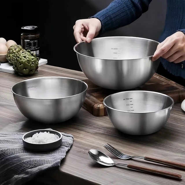 Alt view image 2 of 7 - 3 Pack 304 Stainless Steel Mixing Bowls 700/1200/2000ml | Metal Kitchen Bowls for Baking, Salad, Prep & Storage, Stackable Stainless Steel Bowl Set
