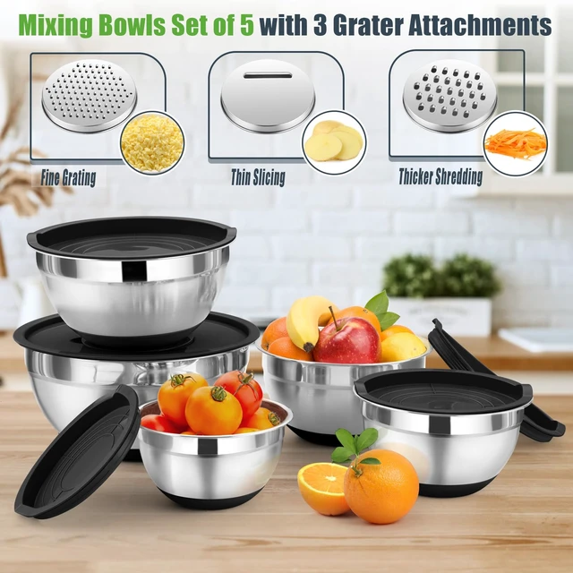 Alt view image 2 of 7 - Mixing Bowls with Lid Set, Nesting Bowl for Storing, Black | 5 Piece Stainless Steel Salad Mixing Bowls for Prepping, 3 Grater Attachments & Non-Slip Bottoms, Size 1/1.5/2 / 2.6/4.6 QT