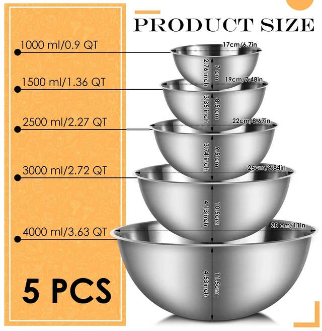 Alt view image 2 of 7 - Stainless Steel Mixing Bowls, Set of 5 | Heavy Duty Stackable Nesting Bowls, Metal Mixing Bowls for Cooking Prepping Salad Serving, No Lids