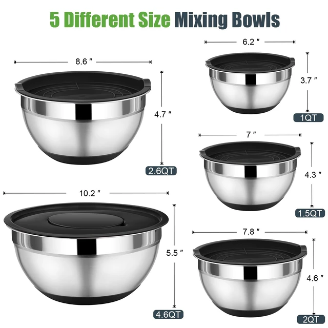 Alt view image 3 of 7 - Mixing Bowls with Lid Set, Nesting Bowl for Storing, Black | 5 Piece Stainless Steel Salad Mixing Bowls for Prepping, 3 Grater Attachments & Non-Slip Bottoms, Size 1/1.5/2 / 2.6/4.6 QT