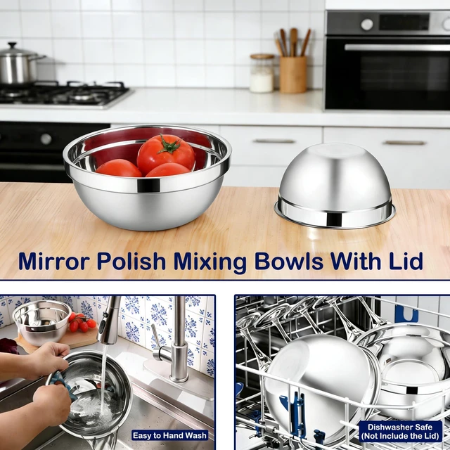 Alt view image 6 of 7 - Stainless Steel Mixing Bowls With Lid, Metal Nesting Mixing Bowl Set Of 3 | Prep Bowls For Food Prep, Cooking, Baking, Serving, Storage, Dishwasher Safe, Metal Bowls with Lids for 1.5/3/5 Qt, Silver