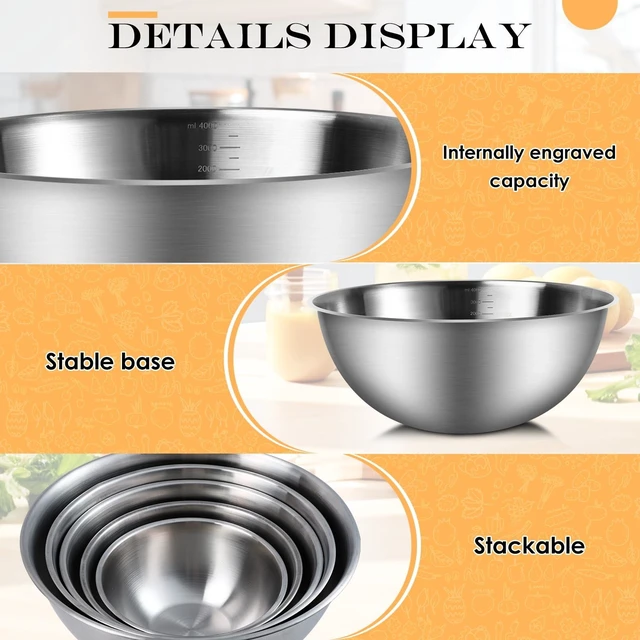 Alt view image 4 of 7 - Stainless Steel Mixing Bowls, Set of 5 | Heavy Duty Stackable Nesting Bowls, Metal Mixing Bowls for Cooking Prepping Salad Serving, No Lids