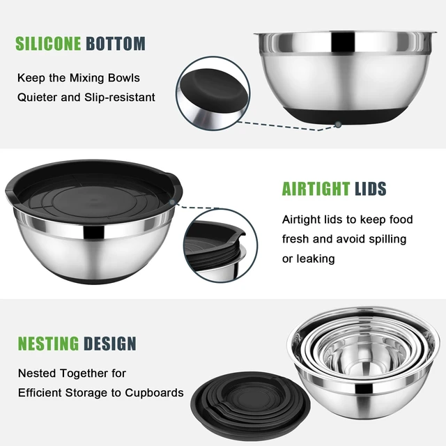 Alt view image 5 of 7 - Mixing Bowls with Lid Set, Nesting Bowl for Storing, Black | 5 Piece Stainless Steel Salad Mixing Bowls for Prepping, 3 Grater Attachments & Non-Slip Bottoms, Size 1/1.5/2 / 2.6/4.6 QT