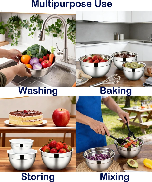Alt view image 7 of 7 - Stainless Steel Mixing Bowls With Lid, Metal Nesting Mixing Bowl Set Of 3 | Prep Bowls For Food Prep, Cooking, Baking, Serving, Storage, Dishwasher Safe, Metal Bowls with Lids for 1.5/3/5 Qt, Silver