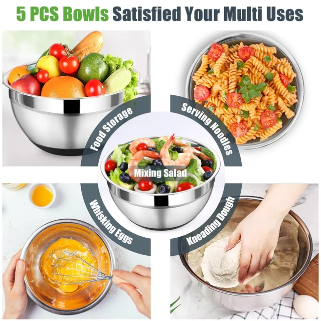 Alt view image 4 of 7 - Mixing Bowls with Lid Set, Nesting Bowl for Storing, Black | 5 Piece Stainless Steel Salad Mixing Bowls for Prepping, 3 Grater Attachments & Non-Slip Bottoms, Size 1/1.5/2 / 2.6/4.6 QT