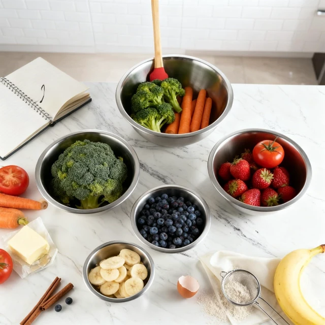 Alt view image 6 of 7 - Stainless Steel Mixing Bowls, Set of 5 | Heavy Duty Stackable Nesting Bowls, Metal Mixing Bowls for Cooking Prepping Salad Serving, No Lids