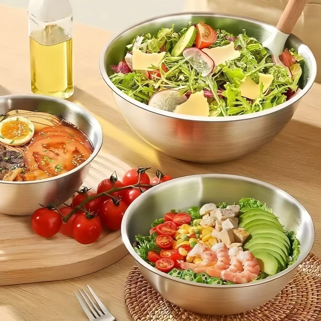 Alt view image 4 of 7 - 3 Pack 304 Stainless Steel Mixing Bowls 700/1200/2000ml | Metal Kitchen Bowls for Baking, Salad, Prep & Storage, Stackable Stainless Steel Bowl Set