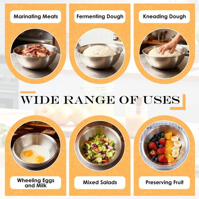 Alt view image 7 of 7 - Stainless Steel Mixing Bowls, Set of 5 | Heavy Duty Stackable Nesting Bowls, Metal Mixing Bowls for Cooking Prepping Salad Serving, No Lids