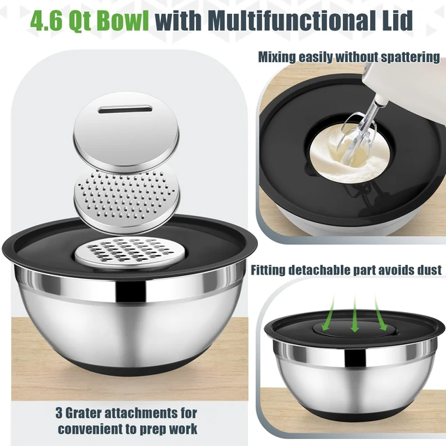 Alt view image 6 of 7 - Mixing Bowls with Lid Set, Nesting Bowl for Storing, Black | 5 Piece Stainless Steel Salad Mixing Bowls for Prepping, 3 Grater Attachments & Non-Slip Bottoms, Size 1/1.5/2 / 2.6/4.6 QT