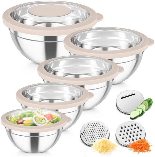 Main image of Mixing Bowls, Stainless Steel Salad Serving Bowl with Clear Lids | with 3 Graters, For Kitchen Cooking Prepping Storing, Size 4.6/2.6/1.5/1/0.7 QT, Nesting & Airtight, Set of 5 & Khaki