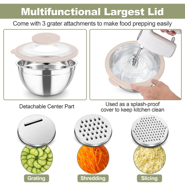Alt view image 4 of 7 - Mixing Bowls, Stainless Steel Salad Serving Bowl with Clear Lids | with 3 Graters, For Kitchen Cooking Prepping Storing, Size 4.6/2.6/1.5/1/0.7 QT, Nesting & Airtight, Set of 5 & Khaki