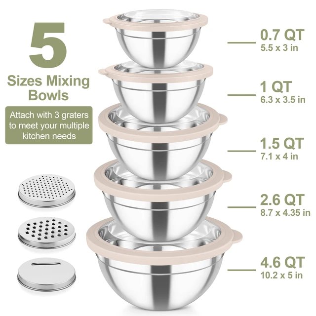 Alt view image 2 of 7 - Mixing Bowls, Stainless Steel Salad Serving Bowl with Clear Lids | with 3 Graters, For Kitchen Cooking Prepping Storing, Size 4.6/2.6/1.5/1/0.7 QT, Nesting & Airtight, Set of 5 & Khaki