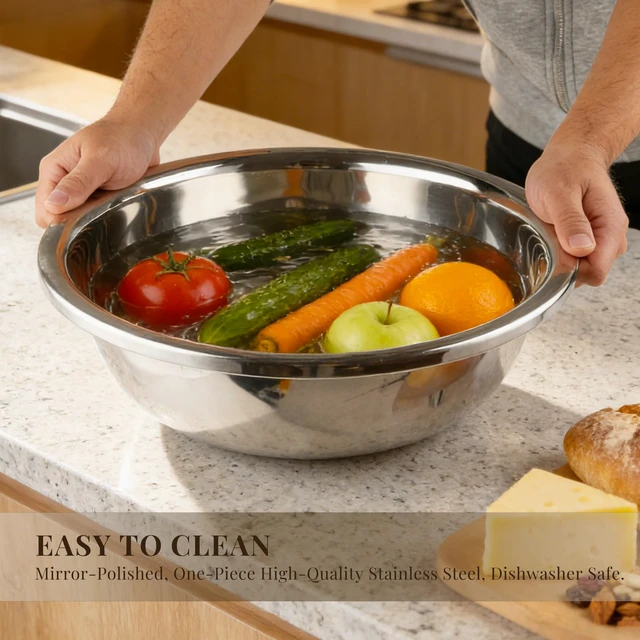 Alt view image 4 of 7 - 3-Piece Metal Mixing Bowl Set, Stainless Steel, Nesting | 1.3, 3.5 and 7.4 qt sizes with wide rolled rims, flat bases and deep bowls for baking, dough and salad prep