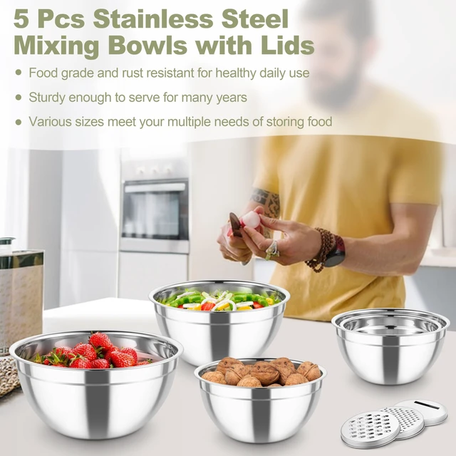 Alt view image 6 of 7 - Mixing Bowls, Stainless Steel Salad Serving Bowl with Clear Lids | with 3 Graters, For Kitchen Cooking Prepping Storing, Size 4.6/2.6/1.5/1/0.7 QT, Nesting & Airtight, Set of 5 & Khaki
