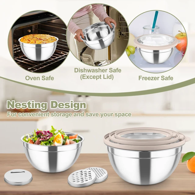 Alt view image 5 of 7 - Mixing Bowls, Stainless Steel Salad Serving Bowl with Clear Lids | with 3 Graters, For Kitchen Cooking Prepping Storing, Size 4.6/2.6/1.5/1/0.7 QT, Nesting & Airtight, Set of 5 & Khaki