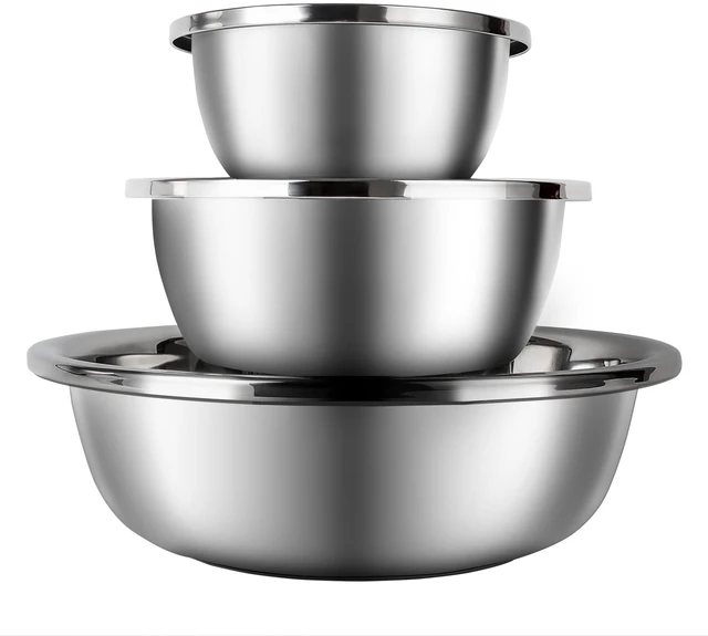 Main image of 3-Piece Metal Mixing Bowl Set, Stainless Steel, Nesting | 1.3, 3.5 and 7.4 qt sizes with wide rolled rims, flat bases and deep bowls for baking, dough and salad prep